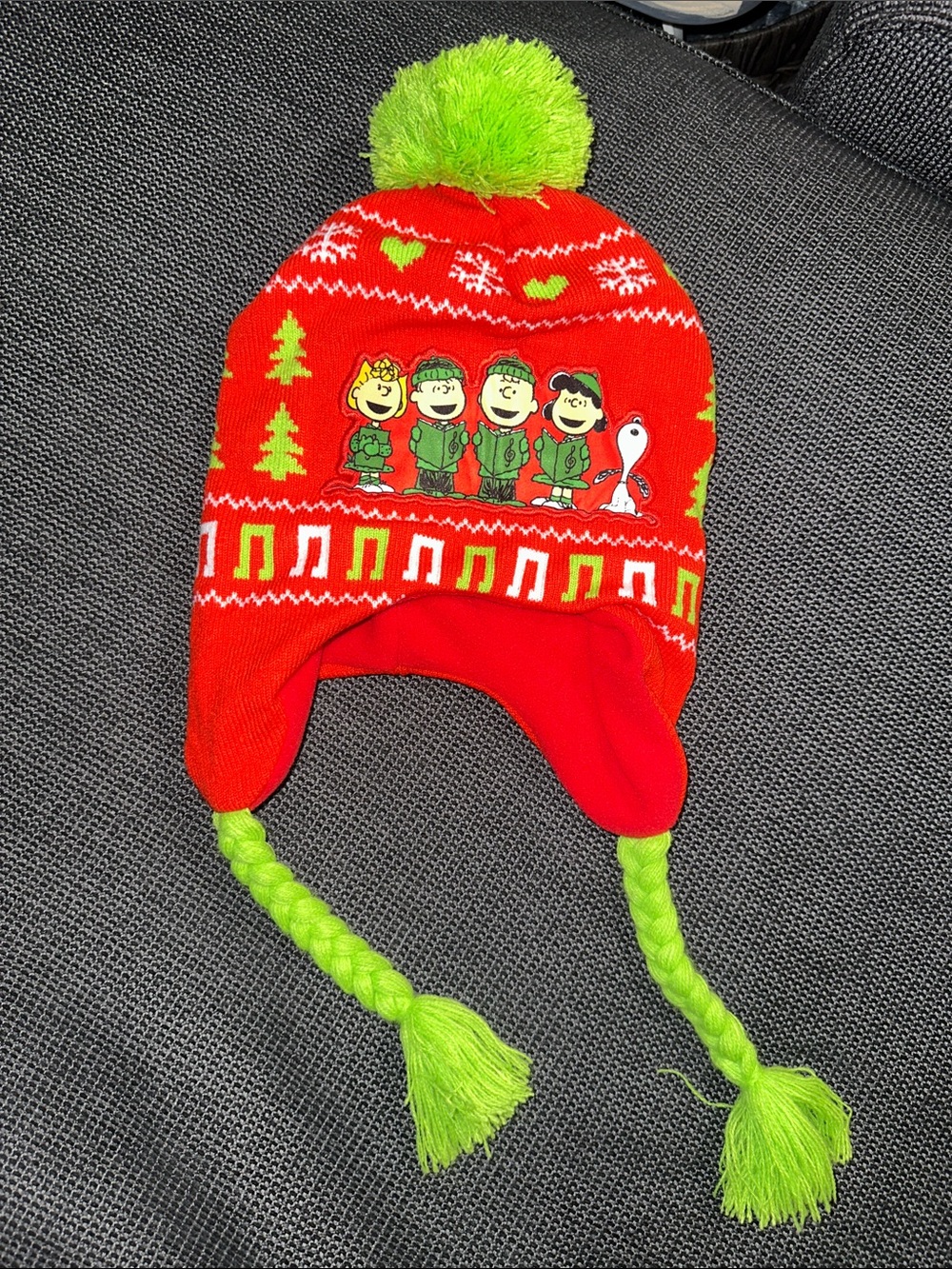 Peanuts Red and Lime Green Pom Pom Knit Hat